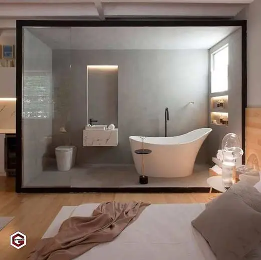 کابین دوش شیشه‌ای در اتاق خواب