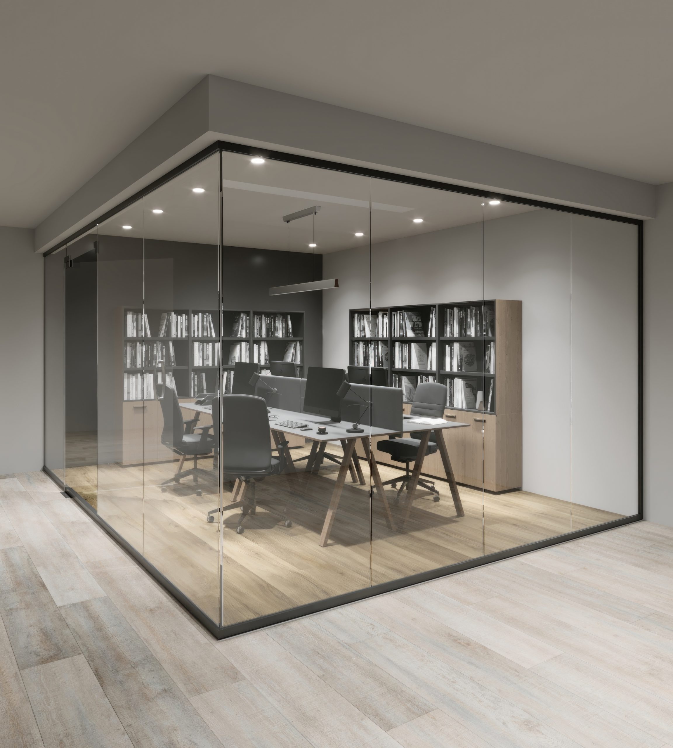 A glass partition used to divide spaces while maintaining an open and airy feel.