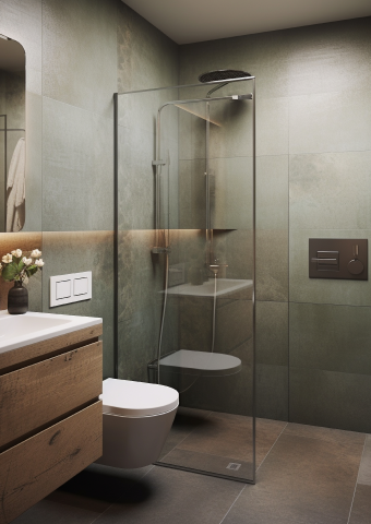 A modern bathroom design for small spaces with contemporary decor, maximizing functionality and style.