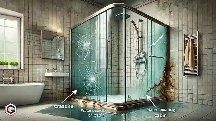 Visible signs of wear, such as cracks, discoloration, or difficulty opening and closing, indicating the need for shower glass or cabin replacement.