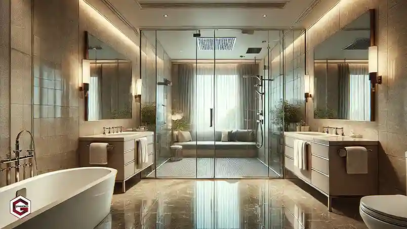 A luxurious master bathroom design featuring a glass shower cabin for a modern and open feel.