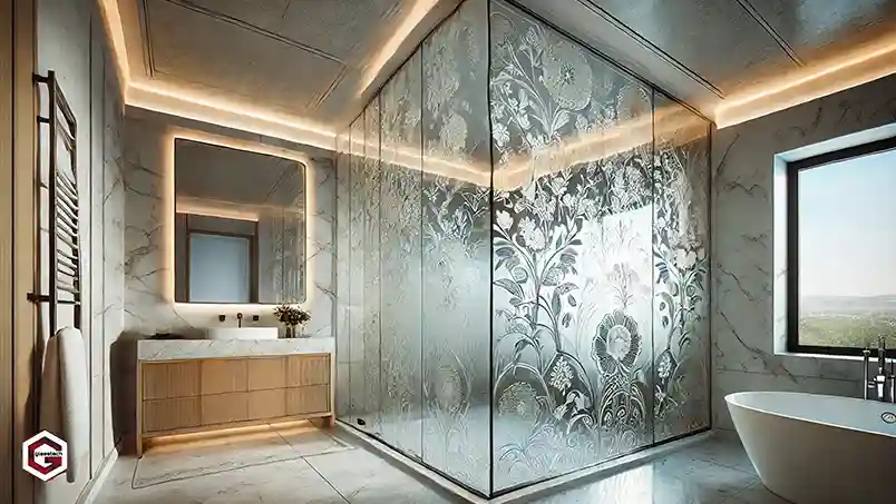 Unique and creative etched glass designs for the bathroom, adding a touch of elegance and personalization.