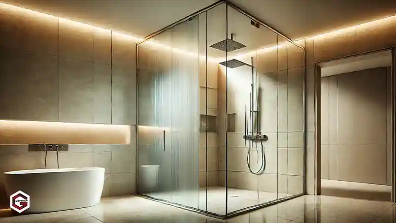 A shower cabin featuring a combination of frosted and clear glass for a balance of privacy and openness.